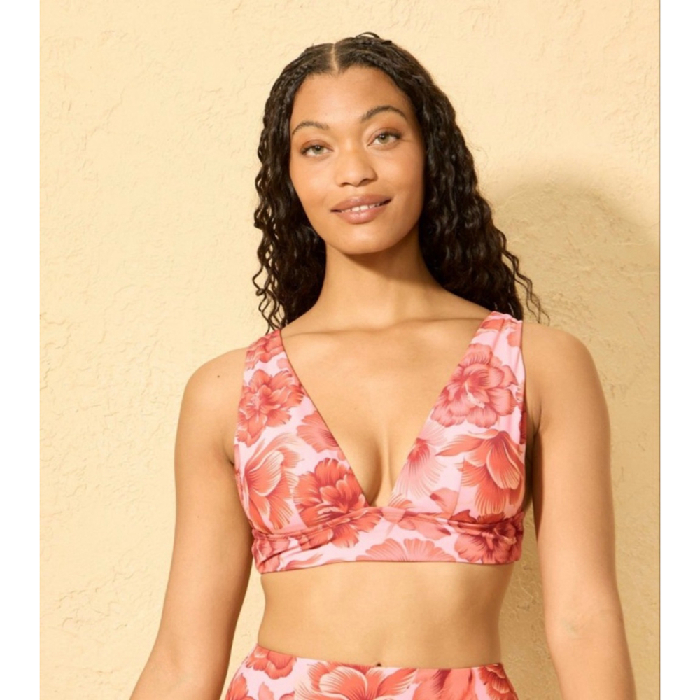Shade & Shore Hibiscus Bikini Top L Pink Floral Longline Adjustable Straps NWT